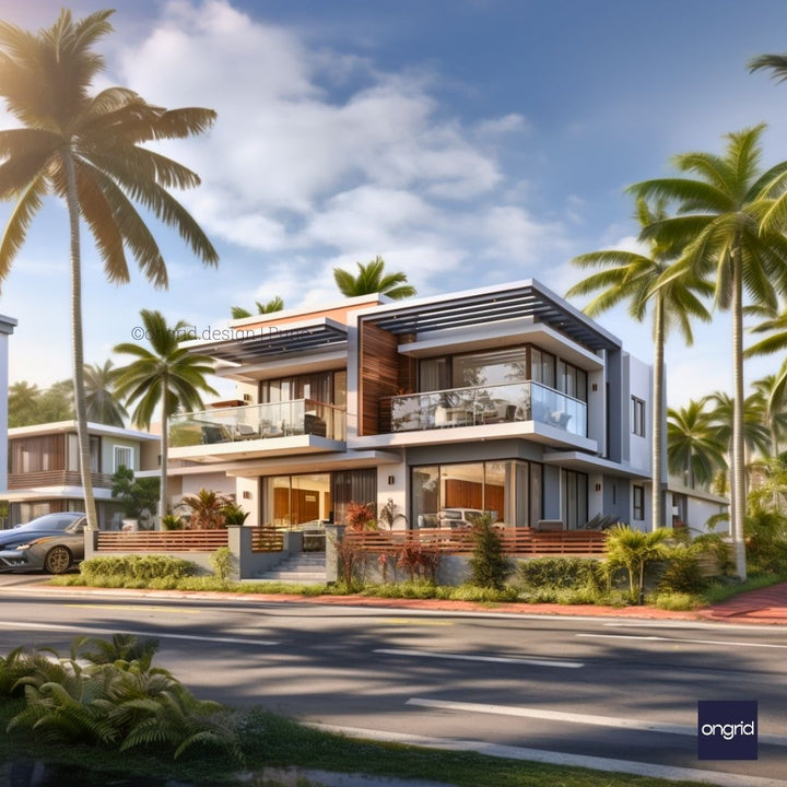 Tropical Duplex Elevation with Glass Railing Terrace