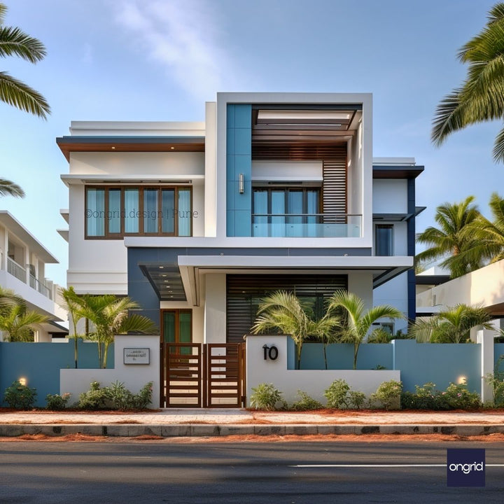 Elegant Coastal Duplex Elevation with Bold Blue Accents