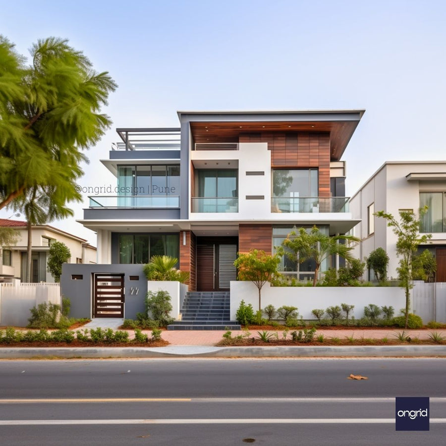 Duplex with Glass Railing Balcony Elevation – Ongrid Design