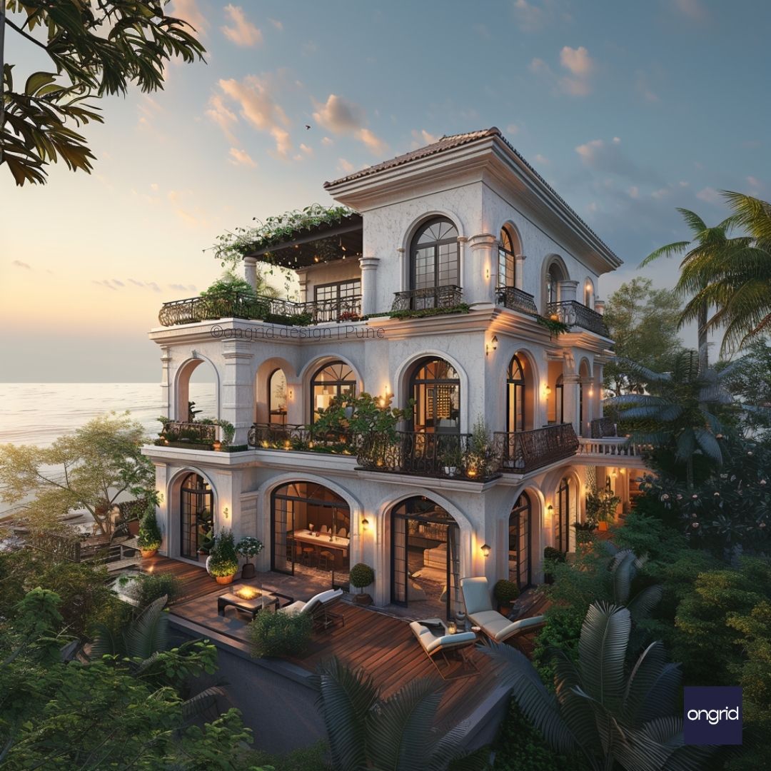 Stunning 3-Story House Design with Arches, Balconies – Ongrid Design