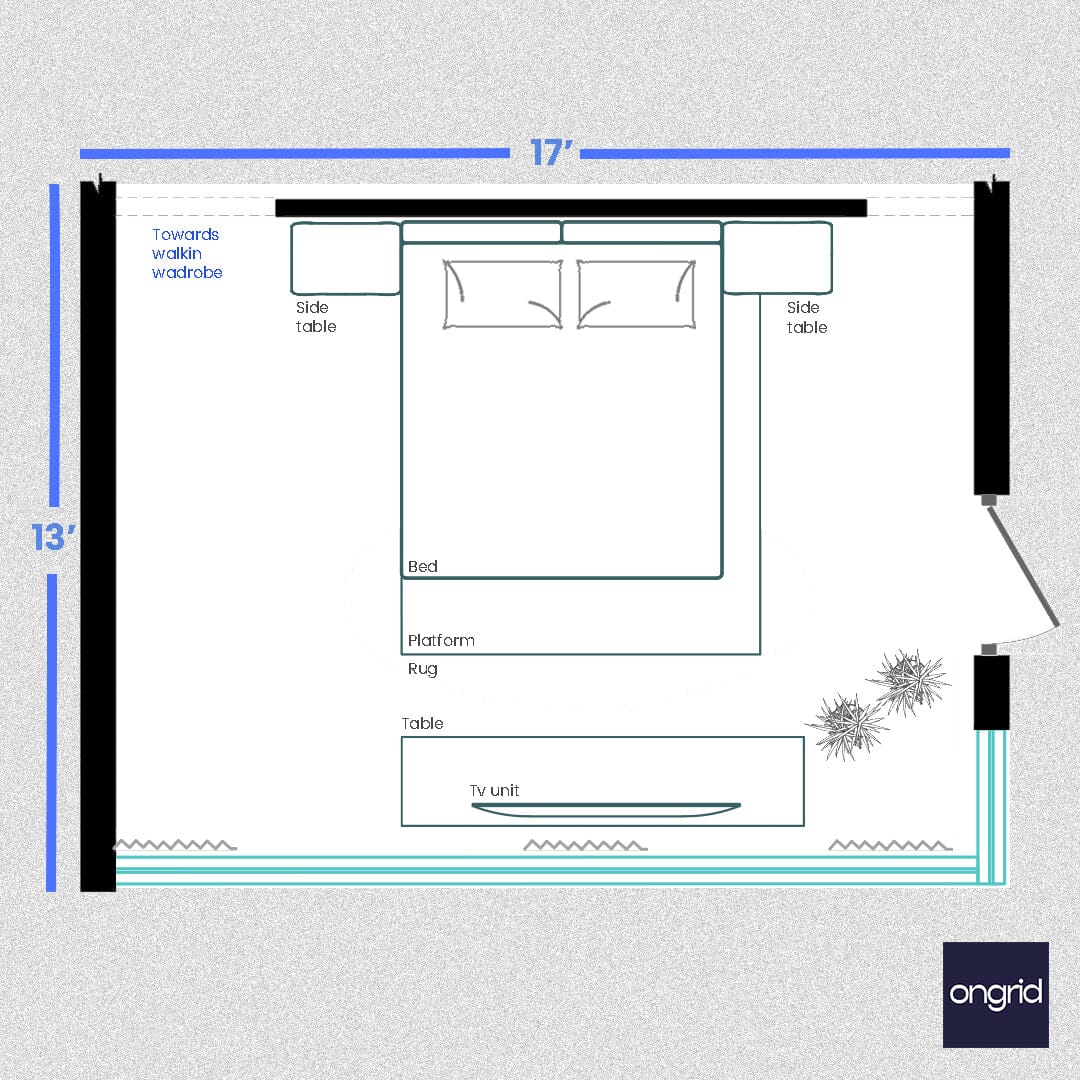 The Serene Slumber Bedroom Design | 17' x 13' ongrid.design 